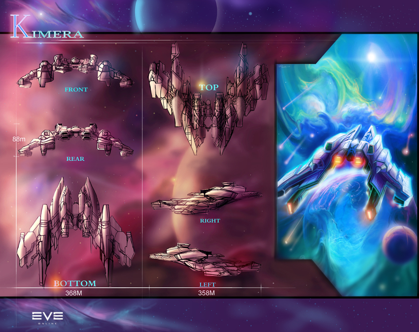 battlecruiser_(eve_online) reference_sheet commentary concept_art copyright_name eve_online flying from_behind from_side glowing logo military_vehicle multiple_views nebula no_humans original outdoors planet science_fiction space spacecraft thraxllisylia thrusters vehicle_focus