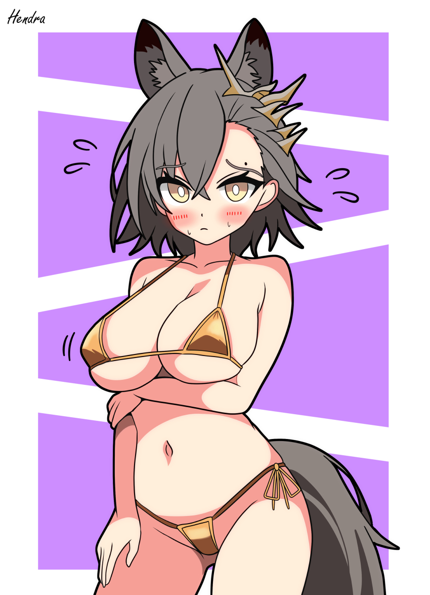 absurdres animal_ears arknights bikini blush breasts bright_pupils closed_mouth cowboy_shot flying_sweatdrops gold_bikini grey_hair hendra highres large_breasts micro_bikini navel penance_(arknights) purple_background short_hair side-tie_bikini_bottom simple_background string_bikini swimsuit tail white_pupils wolf_ears wolf_girl wolf_tail yellow_eyes