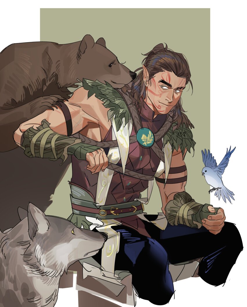 1boy absurdres affectionate animal baldur&#039;s_gate baldur&#039;s_gate_3 bear bird brown_hair cropped_legs dark-skinned_male dark_skin dungeons_&amp;_dragons elf greensalad350 halsin highres light_smile looking_at_animal male_focus mature_male medium_hair muscular muscular_male outstretched_arm pectorals pointy_ears sidepec sitting smile solo thick_eyebrows veins veiny_arms wolf