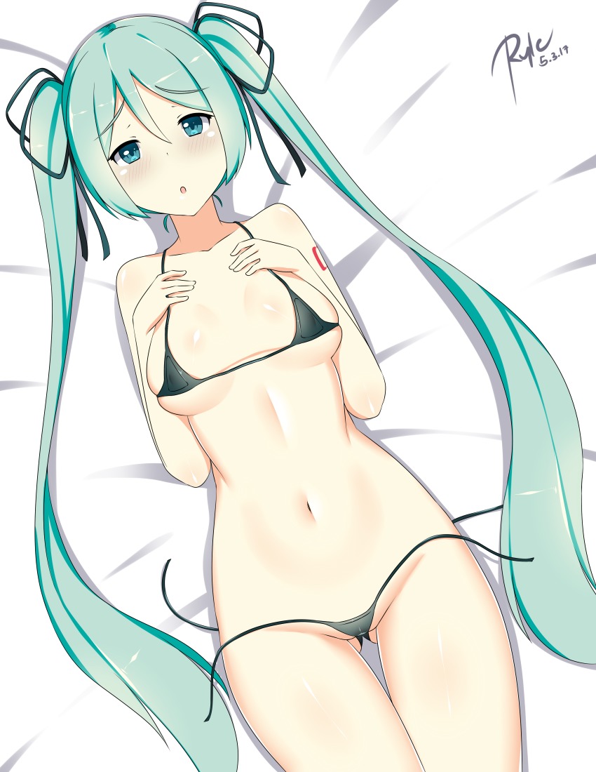 1girl :o absurdres aqua_eyes aqua_hair bikini black_bikini blush body_writing breasts covered_erect_nipples female_focus from_above gluteal_fold hair_between_eyes hair_ribbon hands_on_own_chest hatsune_miku highres long_hair looking_at_viewer lying medium_breasts micro_bikini navel on_back ribbon ryle side-tie_bikini_bottom skindentation solo strap_gap swimsuit twintails untied_bikini very_long_hair vocaloid