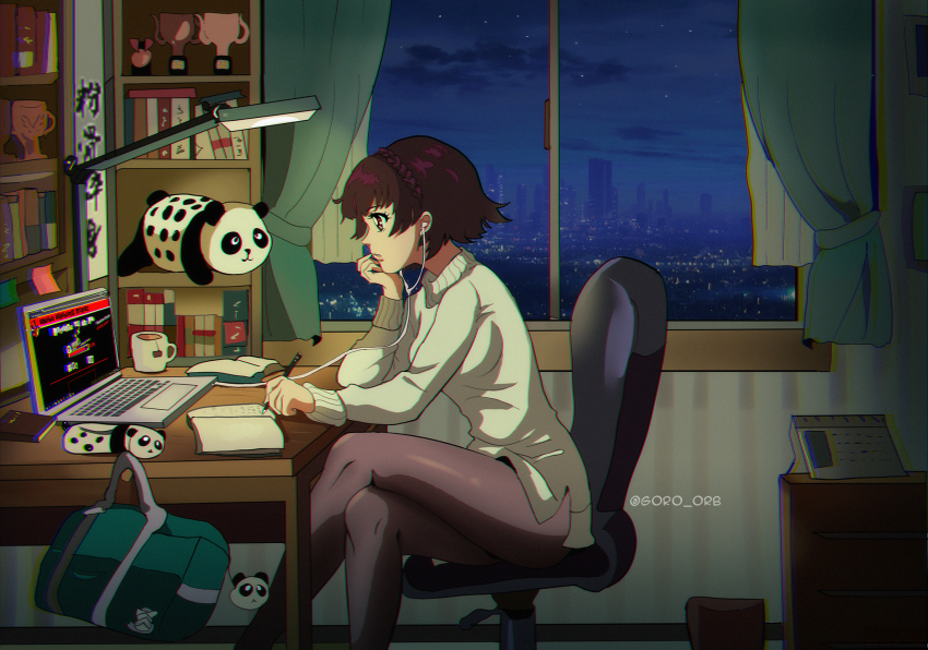 1girl bag bag_charm black_pantyhose book brown_hair chair charm_(object) city coffee computer cup earphones goro_orb highres light lofi_girl_(youtube) night night_sky niijima_makoto no_pants panda pantyhose pen persona persona_5 room short_hair sky studying sweater window