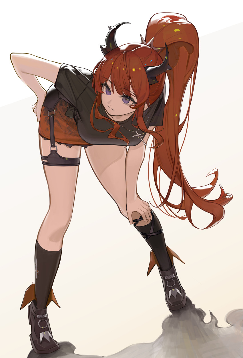 1girl absurdres arknights bent_over black_shirt black_shoes black_socks breasts closed_mouth commentary cross cross_necklace full_body hand_on_own_hip hand_on_own_knee highres horns jewelry kneehighs komodo long_hair looking_to_the_side medium_breasts miniskirt necklace official_alternate_costume ponytail purple_eyes red_hair red_skirt shirt shoes short_sleeves sidelocks simple_background skirt socks solo standing surtr_(arknights) surtr_(liberte_echec)_(arknights) thigh_strap very_long_hair white_background