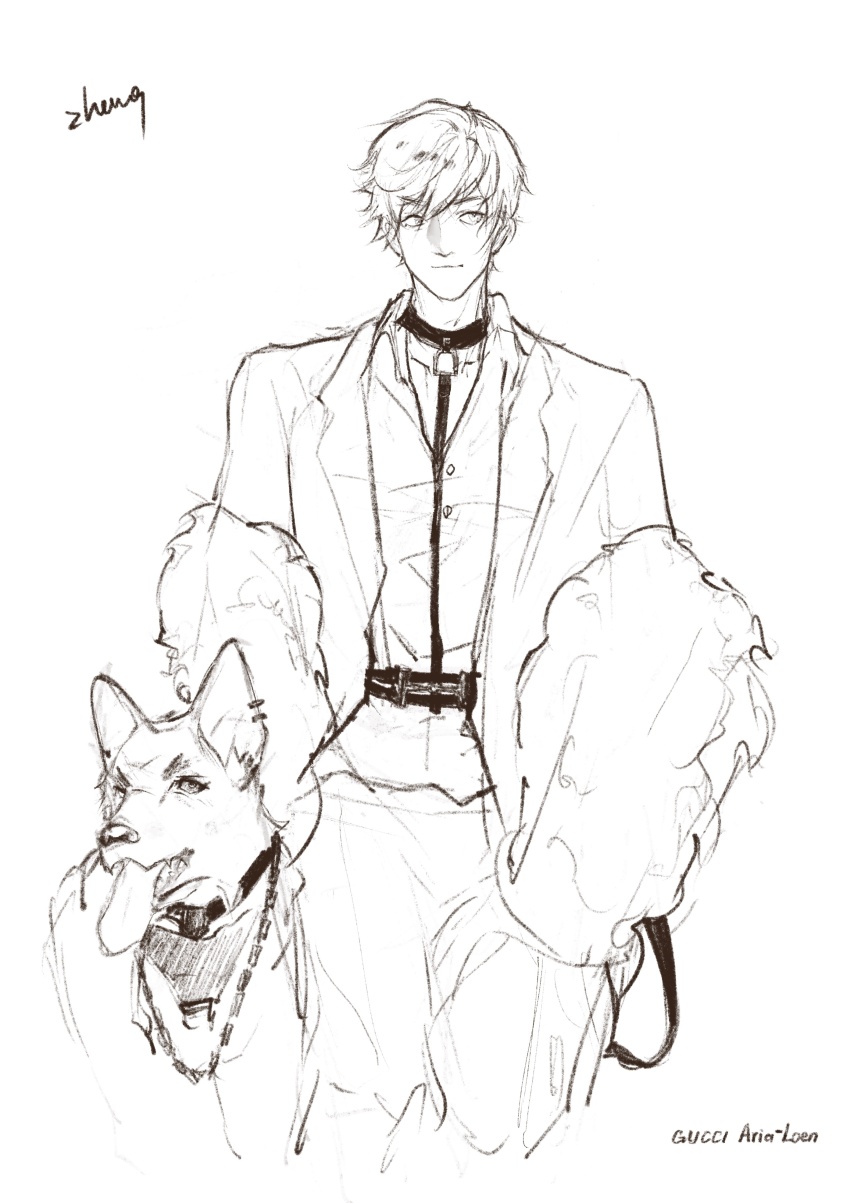 1boy absurdres animal_collar animal_ear_piercing belt blazer buttons chain chain_leash collar collarbone collared_shirt commentary copyright_request cropped_legs dog dress_pants english_commentary fur_shawl greyscale hair_between_eyes highres holding holding_leaf jacket leaf leash loen_(shining_nikki) looking_to_the_side male_focus monochrome nikki_(series) open_belt open_clothes open_jacket shawl shining_nikki shirt short_hair signature simple_background sketch solo stars_zhangzhang thick_eyebrows tongue white_background