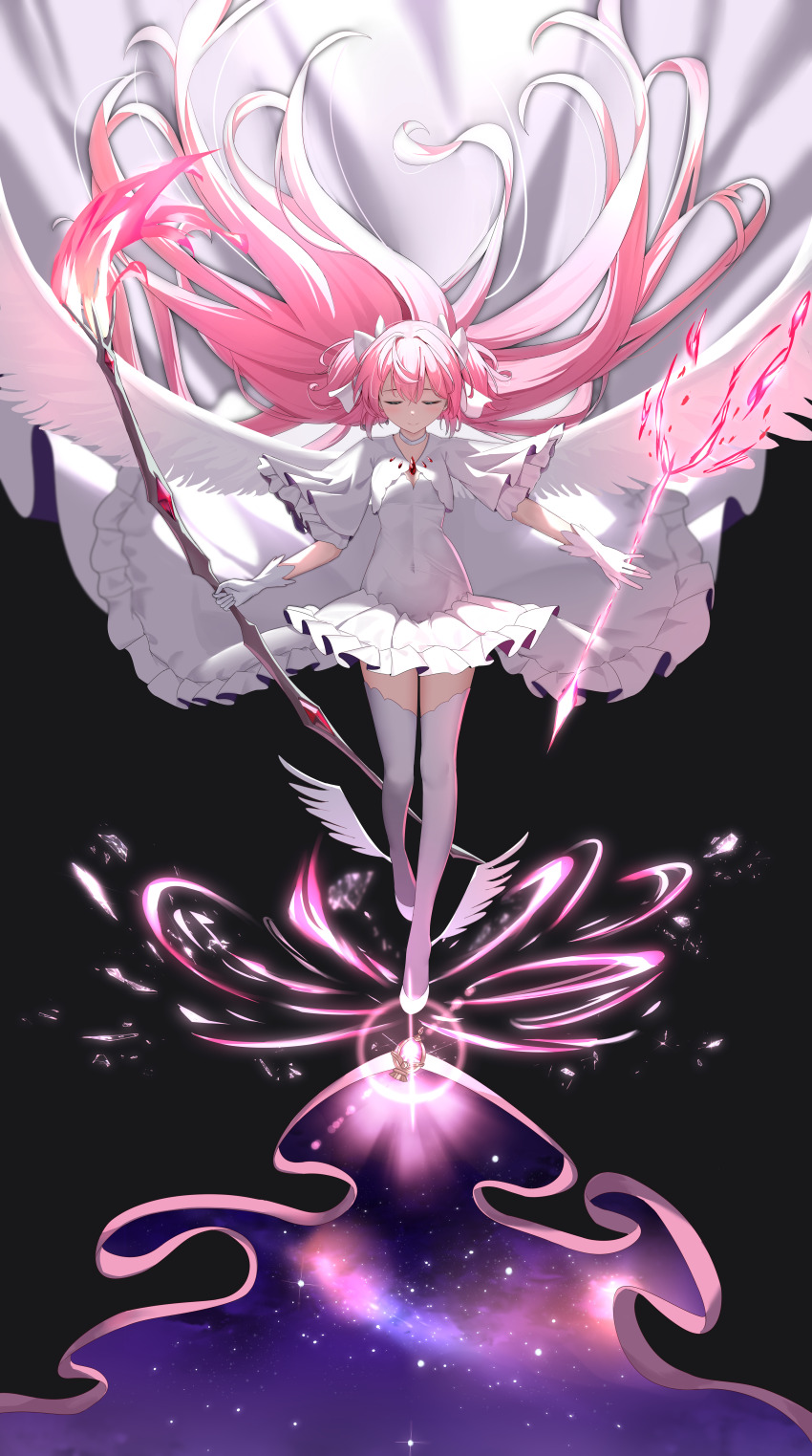 1girl absurdres ankle_wings arrow_(projectile) bow bow_(weapon) choker closed_eyes covered_navel dress eternal1223 feathered_wings gem gloves hair_bow highres kaname_madoka long_hair mahou_shoujo_madoka_magica mahou_shoujo_madoka_magica_(anime) pink_gemstone pink_hair short_twintails solo soul_gem space twintails ultimate_madoka weapon white_bow white_choker white_dress white_gloves white_wings wings
