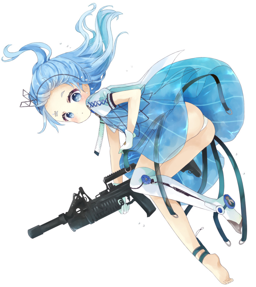 1girl absurdres ads_(girls&#039;_frontline) ads_amphibious_rifle ass assault_rifle bad_id bad_pixiv_id barefoot blue_dress blue_eyes blue_flower blue_hair blush bullpup caseless_firearm closed_mouth commentary dress dual-medium_assault_rifle facial_mark female_focus floating_hair flower forehead forehead_mark full_body girls&#039;_frontline gloves grenade_launcher gun highres holding holding_gun holding_weapon kbp_instrument_design_bureau long_gun long_hair looking_at_viewer multiple-barrel_gun name_connection no_shoes object_namesake panties ponytail puffy_short_sleeves puffy_sleeves rifle see-through_clothes short_sleeves simple_background single_thighhigh soles solo suppressor thighhighs tskib_soo tsukiyo_(skymint) underbarrel_grenade_launcher underwater_firearm underwear weapon white_background white_gloves white_panties white_thighhighs