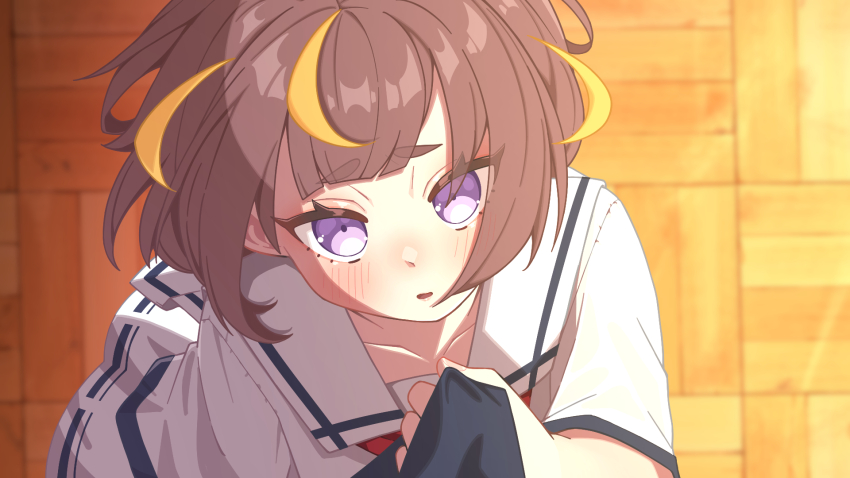 1girl :o anya_melfissa aobara_hairi basketweave blonde_hair blush brown_hair clothes_grab highres hololive hololive_indonesia looking_at_viewer multicolored_hair neckerchief necktie necktie_grab neckwear_grab parted_lips pov pov_adoring purple_eyes red_neckerchief school_uniform serafuku short_hair solo_focus streaked_hair virtual_youtuber white_serafuku wooden_floor