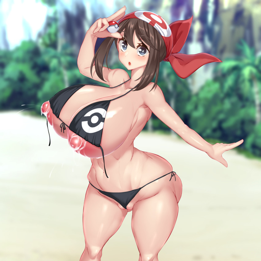 1girl armpits ass bandana bare_shoulders beach bikini bikini_top_lift black_bikini blue_eyes blush breasts brown_hair cameltoe clothes_lift collarbone creatures_(company) curvy game_freak highres holding holding_poke_ball huge_ass huge_breasts kawahagitei lactation looking_at_viewer may_(pokemon) navel nintendo open_mouth outdoors perky_breasts poke_ball poke_ball_(basic) poke_ball_print pokemon pokemon_rse puffy_areolae puffy_nipples side-tie_bikini_bottom solo swimsuit thick_thighs thighs untied_bikini wide_hips