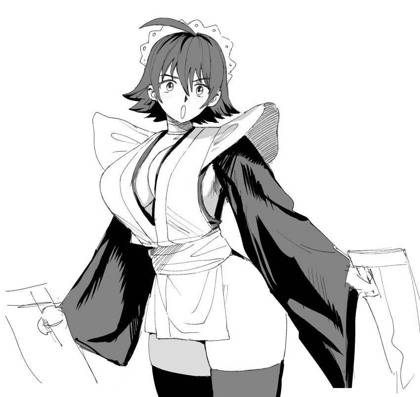 1girl :o ahoge breasts cleavage cowboy_shot flipped_hair greyscale highres iroha_(samurai_spirits) japanese_clothes large_breasts long_sleeves looking_at_viewer maid maid_headdress maid_leotard matheus_felipe monochrome open_mouth pelvic_curtain samurai_spirits short_hair solo thighhighs thighs unconventional_maid wide_sleeves