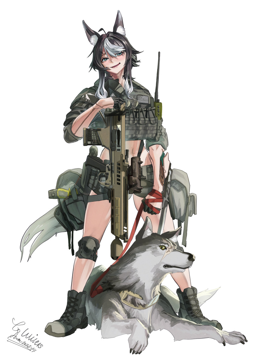 1girl absurdres ahoge american_flag ammunition_pouch animal animal_ear_fluff animal_ears assault_rifle black_hair blue_eyes body_armor bulletproof_vest camouflage combat_helmet commission cyberpunk dog fast_helmet full_body general_dynamics_ngsw glasses gun helmet highres holding holding_animal holding_dog holding_leash holding_removed_eyewear ko_winters leash load_bearing_vest looking_at_viewer military_combat_uniform military_operator military_uniform mole mole_under_eye multicolored_hair non-web_source optical_sight original pet pouch rifle round_eyewear smug solo standing streaked_hair tactical_clothes tail third-party_source unworn_eyewear utsuda walkie-talkie weapon white_hair wolf_ears wolf_girl wolf_tail