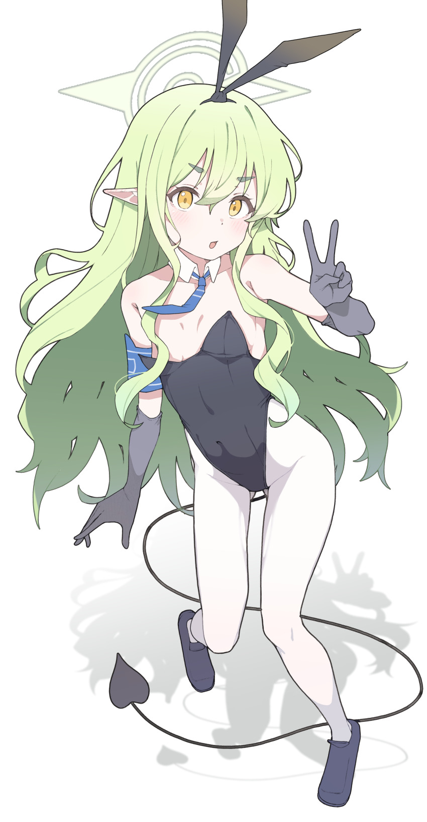 1girl absurdres armband black_gloves black_hairband black_leotard black_tail blue_archive blue_armband blue_necktie blue_shoes blush bow_hairband breasts collarbone commentary_request covered_navel demon_tail detached_collar elbow_gloves full_body gloves gluteal_fold green_hair green_halo hair_between_eyes hairband halo hand_up highres hikari_(blue_archive) korean_commentary leotard loli long_hair looking_at_viewer necktie open_mouth pantyhose playboy_bunny pointy_ears s10021 shadow shoes simple_background small_breasts solo standing strapless strapless_leotard tail v very_long_hair white_background white_pantyhose yellow_eyes