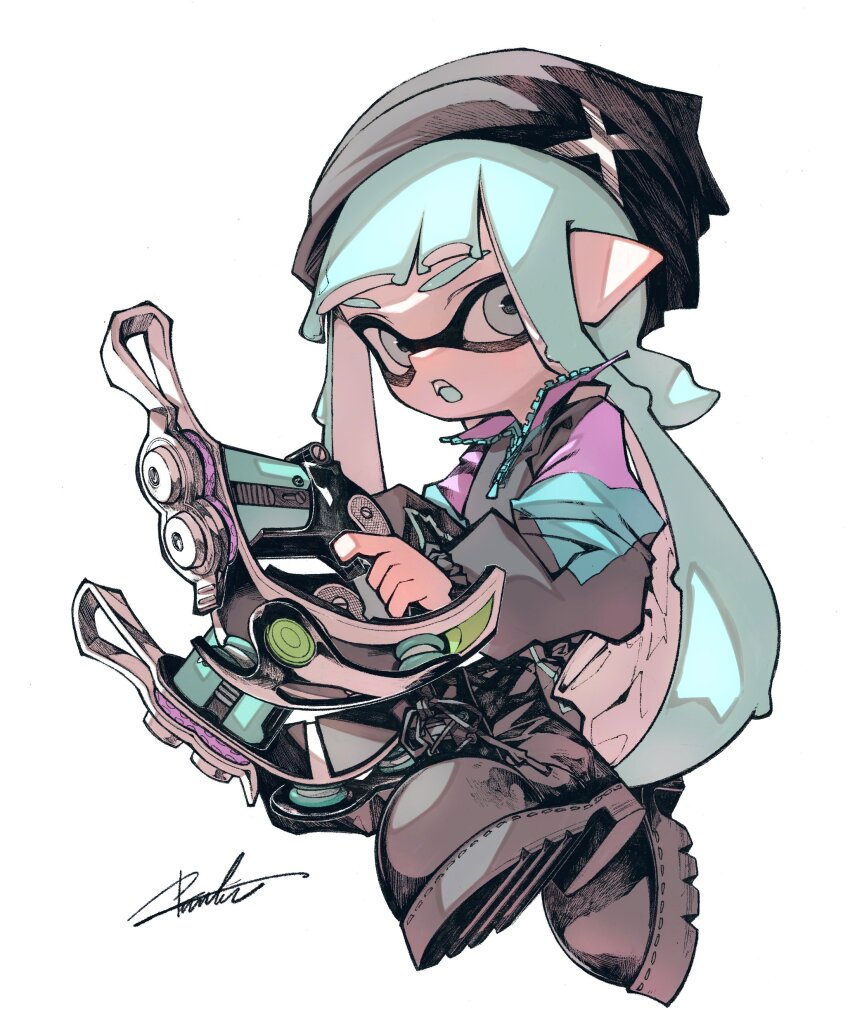 1girl :o absurdres beanie black_boots black_hat black_jacket blue_eyes blue_hair blue_jacket boots commentary dual_wielding fang full_body hat highres holding holding_weapon inkling inkling_girl inkling_player_character jacket lace-up_boots long_hair long_sleeves looking_at_viewer mhxbump multicolored_jacket nintendo open_mouth pointy_ears purple_jacket signature solo splatoon_(series) symbol-only_commentary teeth tentacle_hair tetra_dualies_(splatoon) twintails upper_teeth_only weapon white_background zipper