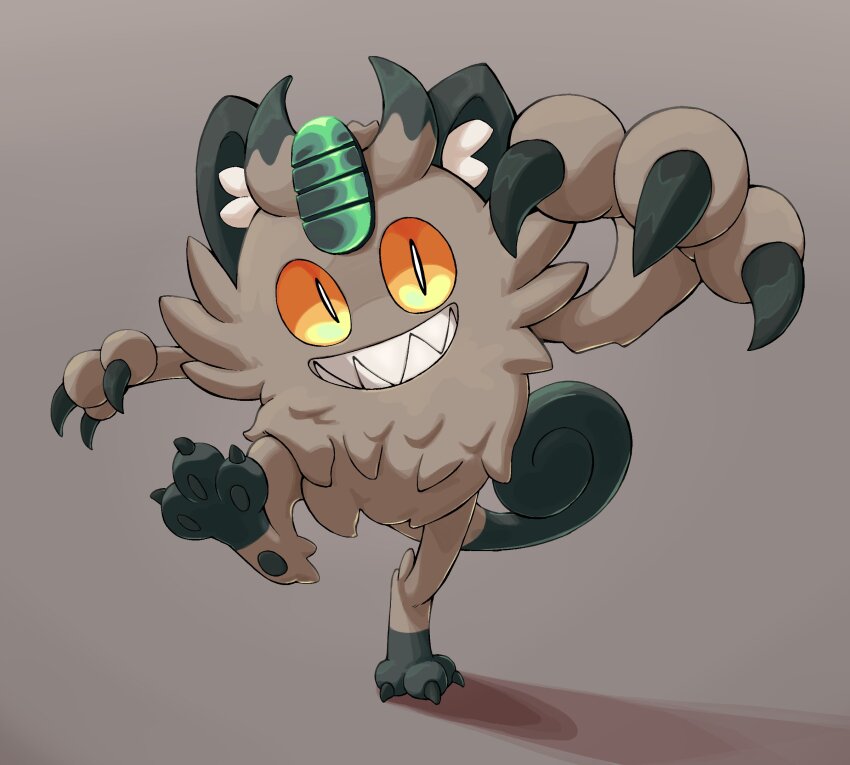 black_fur brown_background brown_fur claws full_body galarian_form galarian_meowth gen_8_pokemon grin highres looking_at_viewer nintendo no_humans orange_eyes pokemon pokemon_(creature) sharp_teeth sharpski simple_background slit_pupils smile solo standing teeth two-tone_fur