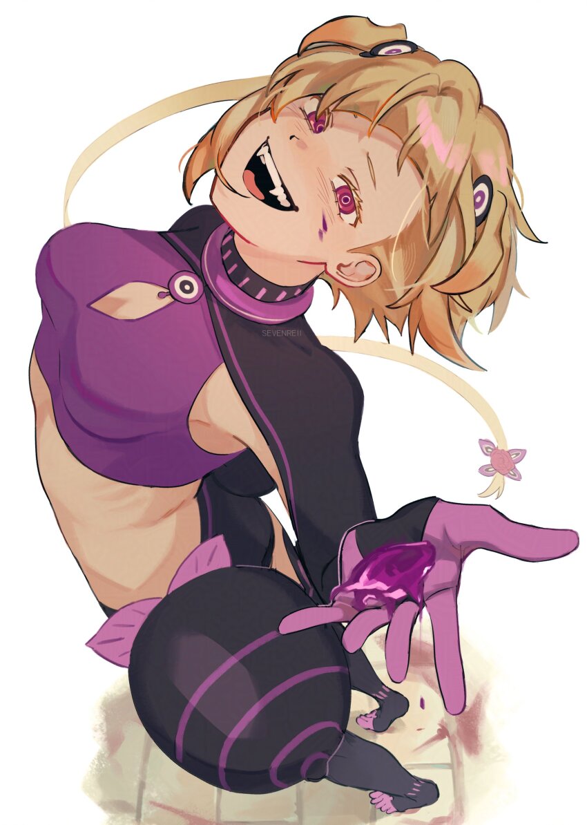 1girl absurdres black_shorts black_shrug black_thighhighs blonde_hair breasts bridal_gauntlets capella_emerada_lugnica clothing_cutout collar commentary crop_top english_commentary fangs hair_ornament hand_up highres liquid looking_at_viewer medium_breasts open_mouth purple_collar purple_eyes re:zero_kara_hajimeru_isekai_seikatsu sevenreii short_hair shorts shrug_(clothing) simple_background smile solo standing teeth thighhighs white_background