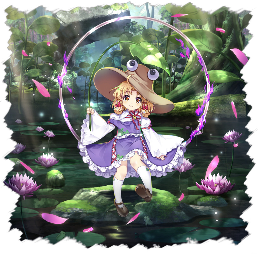 1girl aged_down animal_print blonde_hair brown_hat brown_shoes child closed_mouth cross-laced_clothes cross-laced_skirt embellished_costume falling_petals flower frilled_skirt frills frog_print full_body game_cg hair_ribbon hat highres holding juliet_sleeves kneehighs leaf leaf_umbrella long_sleeves looking_at_viewer mary_janes medium_hair moriya&#039;s_iron_rings moriya_suwako moriya_suwako_(moriya&#039;s_unofficial_tiny_god) official_art outdoors petals pink_petals plant print_socks puffy_sleeves purple_skirt purple_vest red_ribbon ribbon rotte_(1109) shoes sidelocks skirt skirt_set smile socks solo third-party_source touhou touhou_lostword transparent_background tress_ribbon vest water water_lily_flower white_socks wide_sleeves yellow_eyes