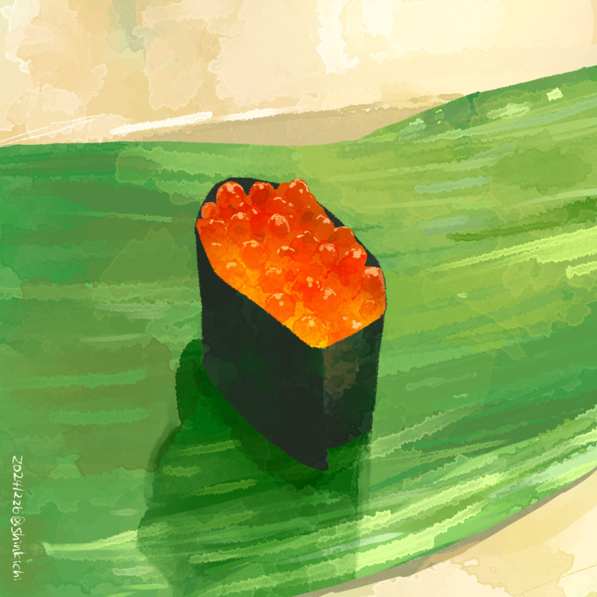 artist_name commentary_request dated fish_(food) food food_focus gunkanmaki highres ikura_(food) leaf no_humans nori_(seaweed) original shinkichimania sushi