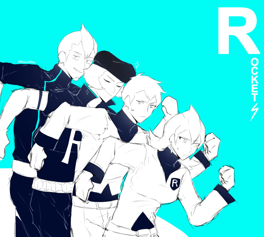 1girl 3boys archer_(pokemon) ariana_(pokemon) beard belt beret blue_background clenched_hands closed_eyes earrings facial_hair hat highres jewelry looking_at_viewer multiple_boys nintendo petrel_(pokemon) pokemon pokemon_hgss proton_(pokemon) signature simple_background sioma709iie sketch smile sparkle sweat team_rocket