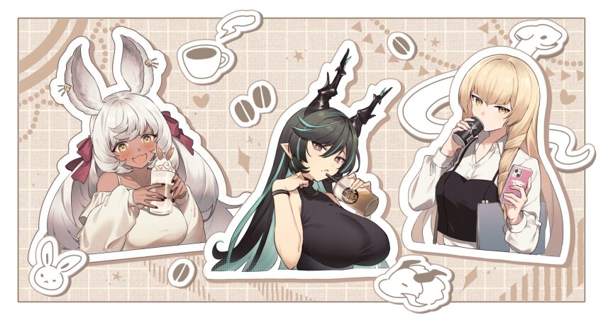 3girls alternate_costume animal_ears black_hair blonde_hair blush breasts cellphone cup dark-skinned_female dark_skin disposable_coffee_cup disposable_cup dragon_horns draph drill_hair drill_sidelocks erune granblue_fantasy grey_hair highres horns indala_(granblue_fantasy) large_breasts makura_(granblue_fantasy) medium_breasts mole mole_under_mouth multicolored_hair multiple_girls payila_(granblue_fantasy) phone pointy_ears rabbit_ears sidelocks smartphone streaked_hair umeda_shiso white_hair