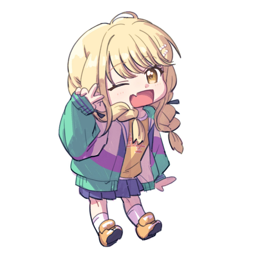 1girl ;d blonde_hair blue_skirt braid chibi chibi_only fang fujita_kotone full_body gakuen_idolmaster highres hobgoblin-kim idolmaster jacket looking_at_viewer multicolored_jacket one_eye_closed open_mouth pleated_skirt shirt simple_background skin_fang skirt smile socks solo twin_braids v white_background white_socks yellow_shirt