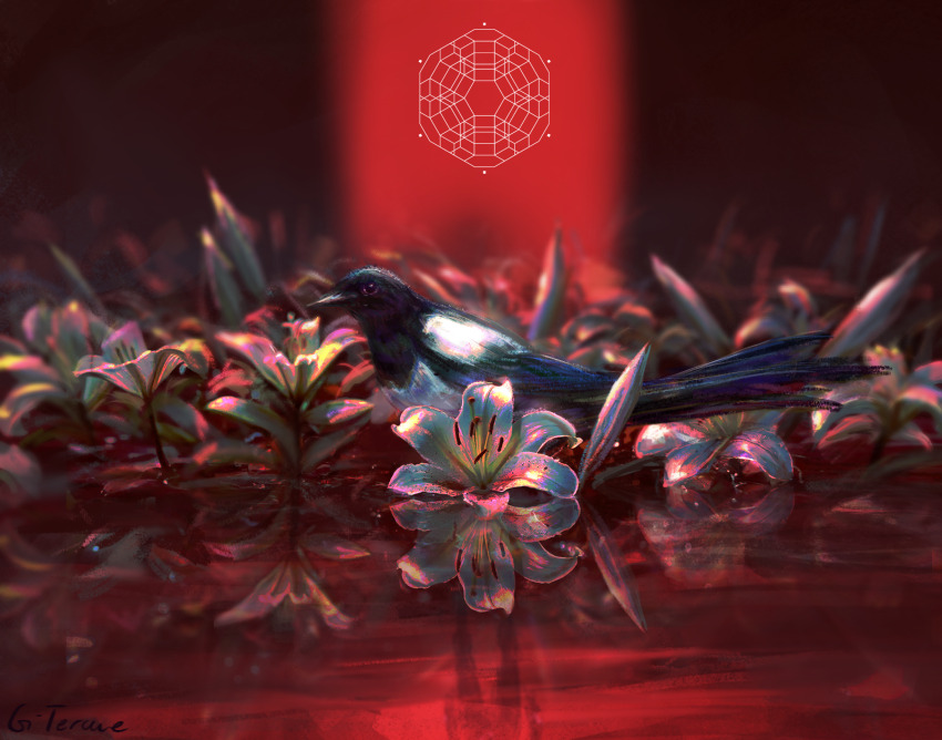 animal animal_focus artist_name bird flower from_side g-terace highres lily_(flower) logo magpie no_humans reflection reflective_water signalis signature water white_flower