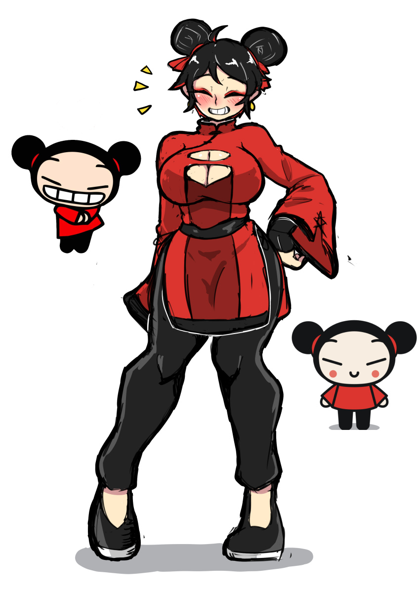 1girl absurdres aged_up ahoge belt black_belt black_hair black_pants black_shoes blush breasts chibi china_dress chinese_clothes closed_eyes double_bun dress earrings full_body hair_bun hair_ribbon hairball hand_on_own_hip highres humanization jewelry large_breasts long_sleeves mr_a-lee open_clothes pants pucca pucca_(cartoon) red_dress red_ribbon ribbon ribbon_hair shoes smile teeth white_background