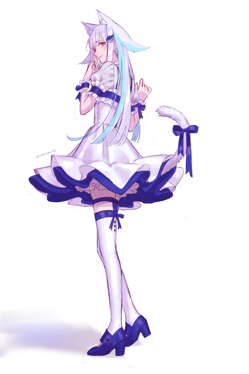 1girl absurdres alternate_costume animal_ear_fluff animal_ears blue_hair blue_shoes blue_wrist_cuffs bow_legwear cat_ears cat_girl cat_tail closed_mouth commentary_request dress frilled_dress frilled_sleeves frilled_wrist_cuffs frills from_side full_body hair_ornament hands_up high_heels highres kemonomimi_mode legwear_garter lize_helesta long_hair looking_at_viewer looking_to_the_side multicolored_hair nijisanji puffy_short_sleeves puffy_sleeves purple_eyes shadow shoes short_dress short_sleeves sidelocks simple_background solo standing streaked_hair tail tail_under_clothes thighhighs twitter_username two-tone_hair usasuzu very_long_hair virtual_youtuber white_background white_dress white_hair white_tail white_thighhighs wrist_cuffs zettai_ryouiki