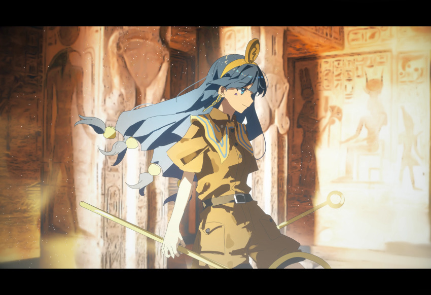 1girl absurdres brown_shirt brown_shorts egypt egyptian_art facial_tattoo fossilized_wonders highres holding holding_polearm holding_weapon long_hair maisuiren michigami_nareko polearm puffy_short_sleeves puffy_sleeves shirt short_sleeves shorts smile solo tattoo touhou weapon