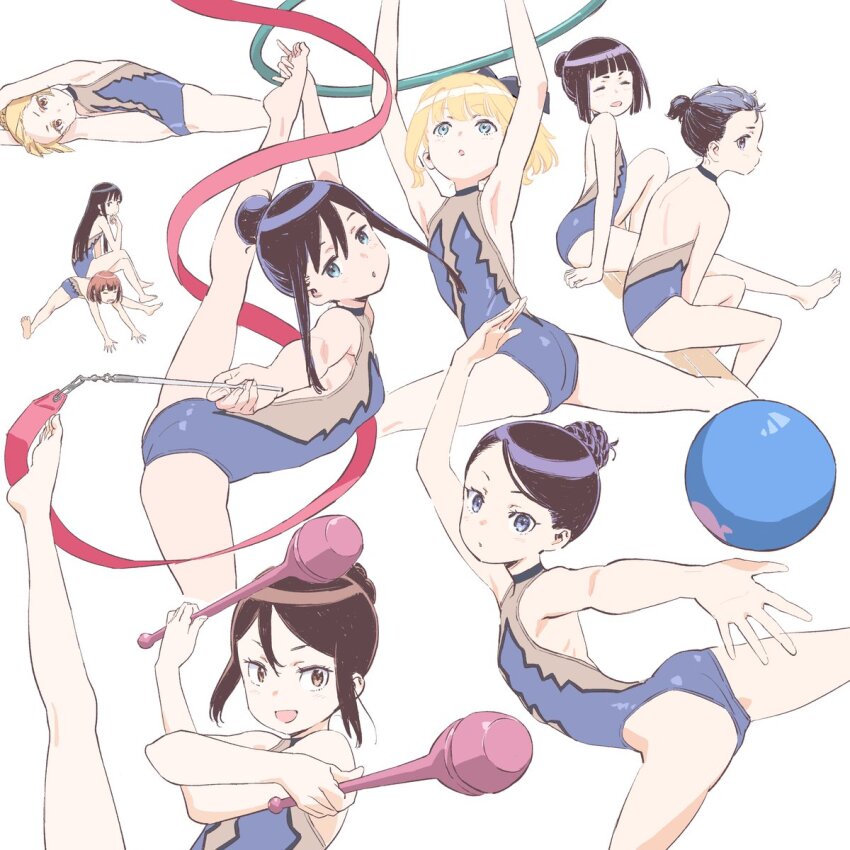 6+girls annaka_moe ass athletic_leotard ball barefoot black_hair blonde_hair breasts closed_eyes fujisawa_kana fukaziroh_(sao) gymnastics gymnastics_ribbon hair_bun highres kanzaki_elsa kusunoki_risa leotard llenn_(sao) long_hair milana_sidorova multiple_girls nitobe_saki noguchi_shiori official_art rhythmic_gymnastics ribbon_baton short_hair sidelocks sitting small_breasts smile split standing standing_on_one_leg standing_split stretching sword_art_online sword_art_online_alternative:_gun_gale_online yoshinari_kou