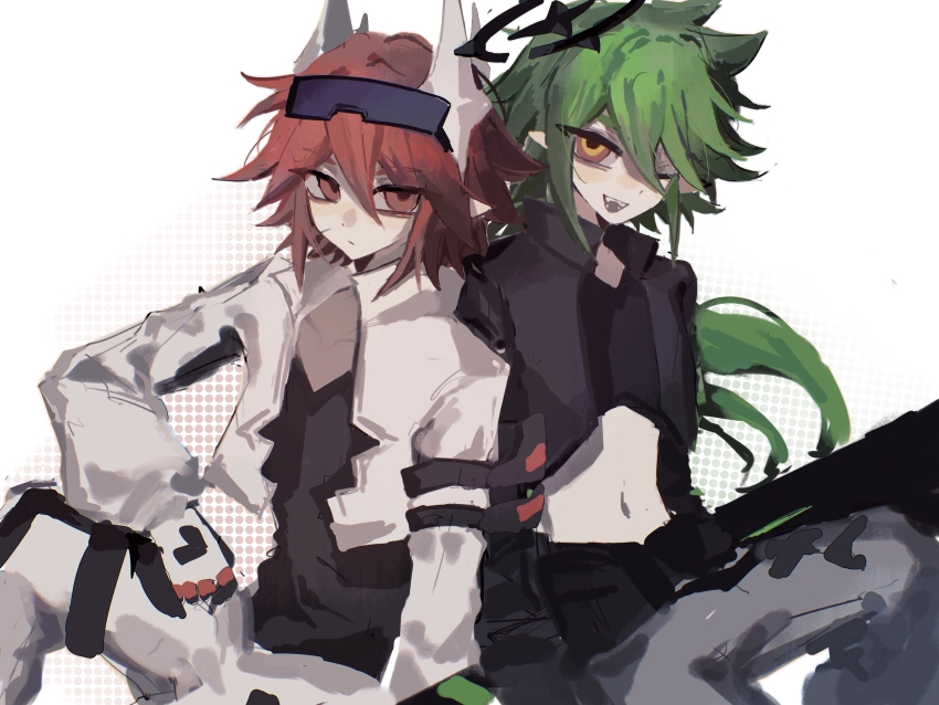 2boys absurdres aotu_world arm_ribbon belt black_belt black_gloves black_jacket black_shirt chinese_commentary closed_mouth crop_top cropped_jacket eyewear_on_head gloves goggles goggles_on_head green_hair grey_pants hair_between_eyes halo headgear high_collar highres holding holding_weapon jacket long_hair long_sleeves looking_at_viewer low_ponytail male_focus midriff multicolored_eyes multicolored_gloves multiple_boys navel one_eye_closed open_clothes open_jacket open_mouth pants pius_(aotu_world) pointy_ears ponytail red_eyes red_hair ribbon scar scar_on_face shirt short_hair simple_background sitting smile teeth thigh_strap v-neck weapon white_background white_gloves white_jacket white_pants xander_(aotu_world) xinjinjumin274754242374 yaoi yellow_eyes