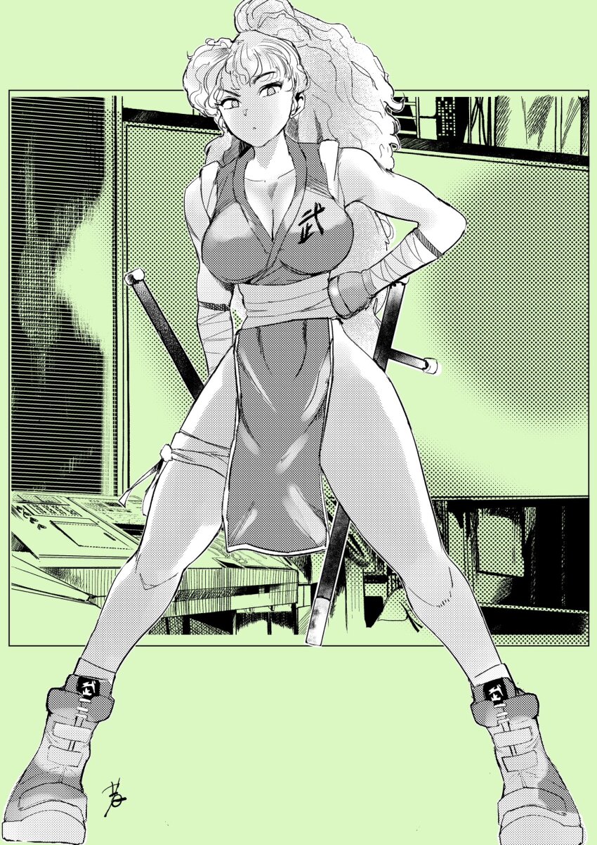 1girl artist_logo bandaged_arm bandages bare_shoulders breasts capcom_vs_snk_2 cleavage clenched_hand collarbone final_fight_2 full_body genryuusai_maki greyscale hand_on_own_hip high_ponytail highres hiroshi_mono holding holding_weapon japanese_clothes logo long_hair looking_at_viewer medium_breasts monochrome ninja pelvic_curtain ponytail screentones shoes signature sleeveless sneakers solo street_fighter thigh_strap thighs tonfa weapon