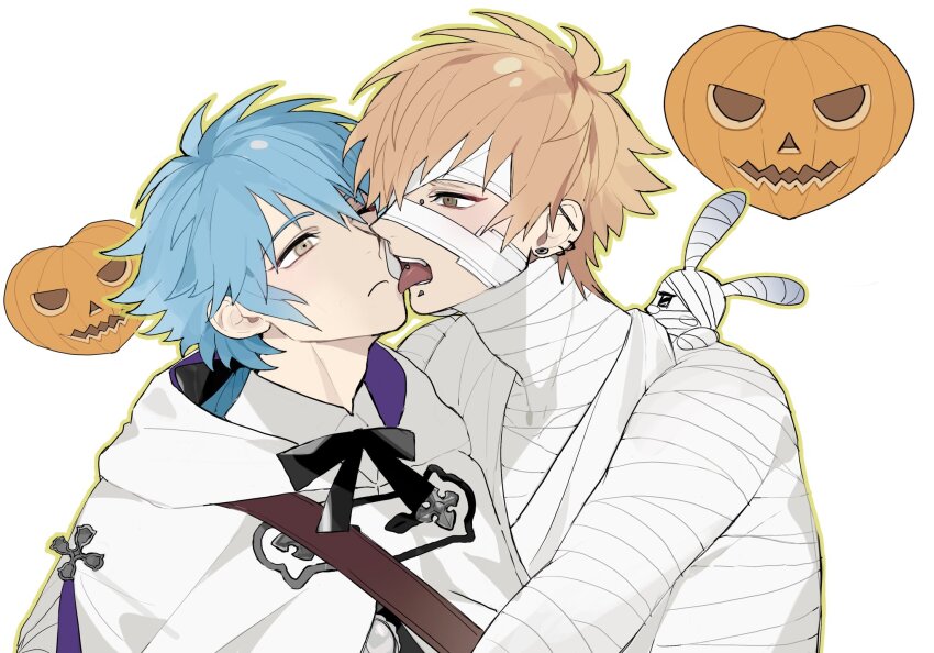 2boys bandaged_head bandages barbell_piercing black_ribbon blonde_hair blue_hair brown_eyes closed_mouth commentary dramatical_murder ear_piercing earrings face_piercing frown hair_between_eyes halloween halloween_costume heart highres hooded_robe industrial_piercing jack-o&#039;-lantern jewelry kurosaki2807 labret_piercing licking licking_another&#039;s_face looking_at_another male_focus multiple_boys mummy mummy_costume neck_ribbon noiz_(dramatical_murder) one_eye_closed piercing ribbon robe seragaki_aoba simple_background teeth tongue tongue_out tongue_piercing two-sided_robe upper_body white_background white_robe yaoi