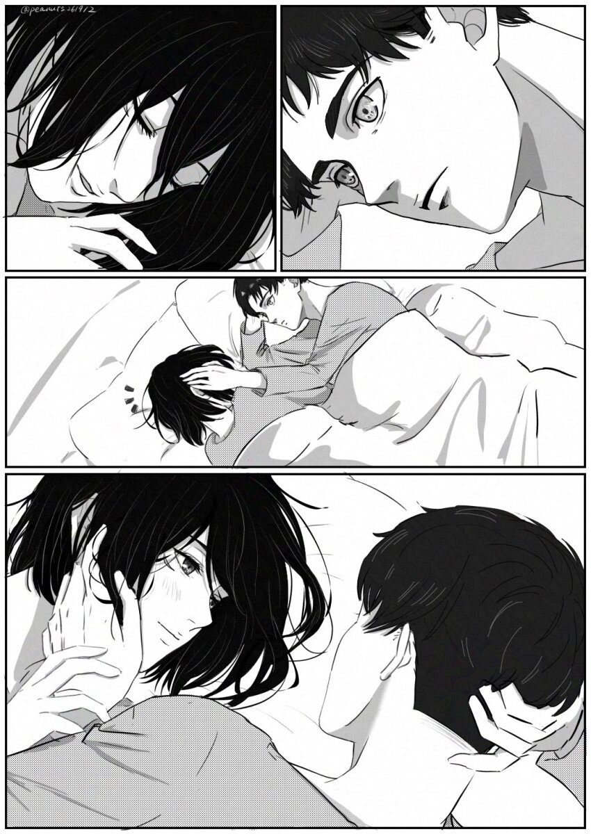 1boy 1girl blush closed_eyes closed_mouth commentary_request couple elbow_rest eren_yeager greyscale hand_on_another&#039;s_cheek hand_on_another&#039;s_face head_rest highres light_smile long_sleeves looking_at_another lying medium_hair mikasa_ackerman monochrome morning notice_lines on_bed on_side parted_lips peanuts261912 pillow shingeki_no_kyojin shirt short_hair sleeping under_covers upper_body waking_up