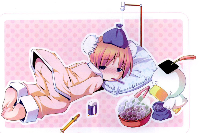 00s 1girl ah-kun back barefoot bird blush bun_cover double_bun duck eraser feet female_focus hair_bun half-closed_eyes ice ice_bag ice_cube liquid-in-glass_thermometer moetan nijihara_ink nose_blush oni-kun pajamas pen-kun pencil pillow pop short_sleeves sick soles solo thermometer toes top-down_bottom-up