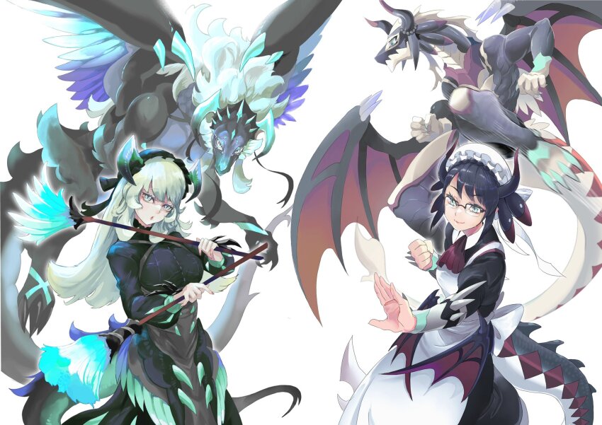 2girls apron black_hair breasts chamber_dragonmaid chinchira cleaning_brush clenched_hand dragon dragon_girl dragon_horns dragon_tail dragon_wings dragonmaid_cehrmba dragonmaid_sheou dress duel_monster green_eyes green_hair highres horns house_dragonmaid long_hair maid maid_apron maid_headdress multiple_girls semi-rimless_eyewear tail wings yu-gi-oh! yu-gi-oh!_master_duel
