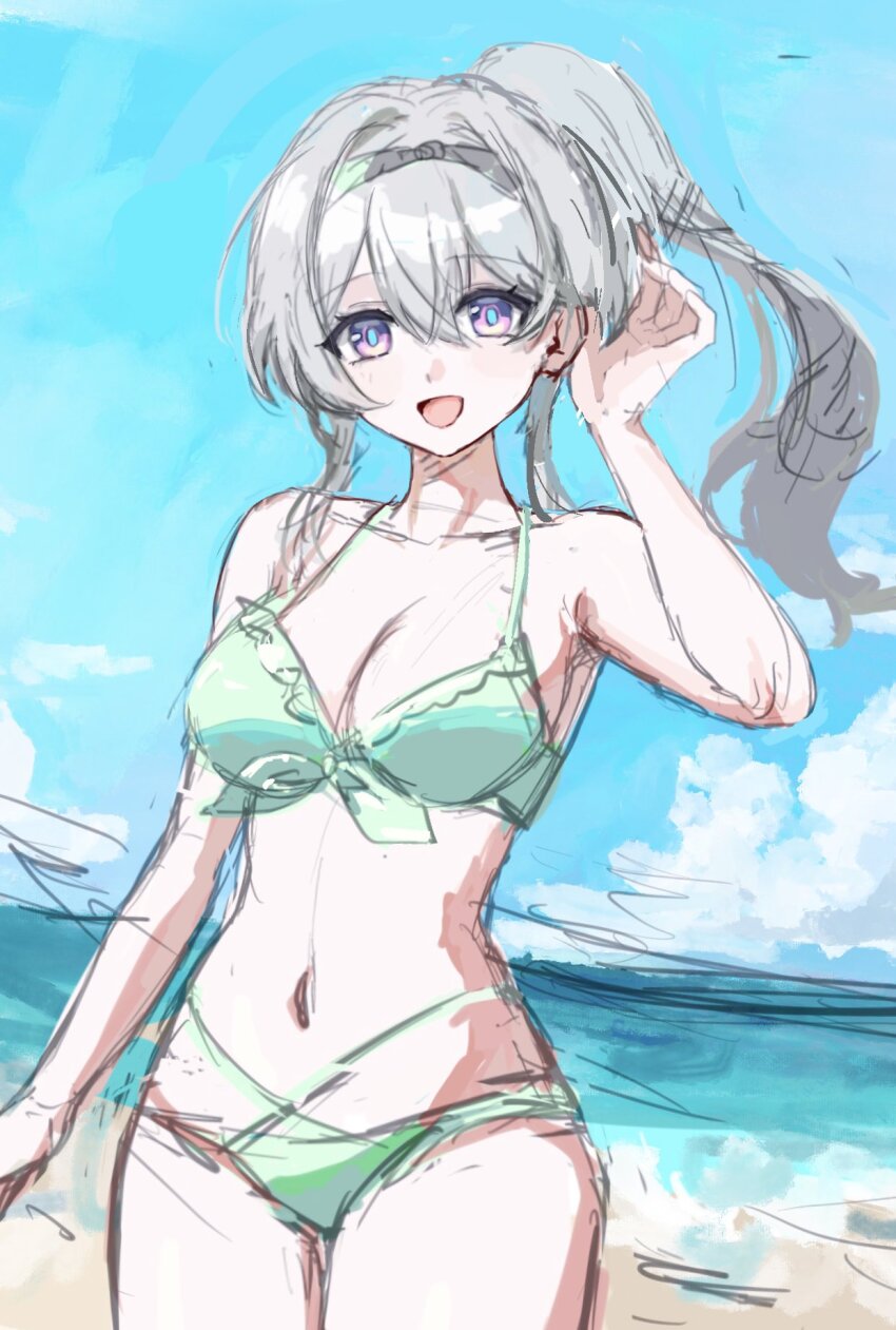 1girl aqua_bikini beach belly bikini blue_sky breasts cajkhu9znz31769 cleavage cloud cloudy_sky firefly_(honkai:_star_rail) green_pupils grey_hair hair_between_eyes hair_intakes hand_in_own_hair highres honkai:_star_rail honkai_(series) large_breasts long_hair multicolored_eyes navel open_mouth ponytail sky smile solo swimsuit two-tone_eyes water