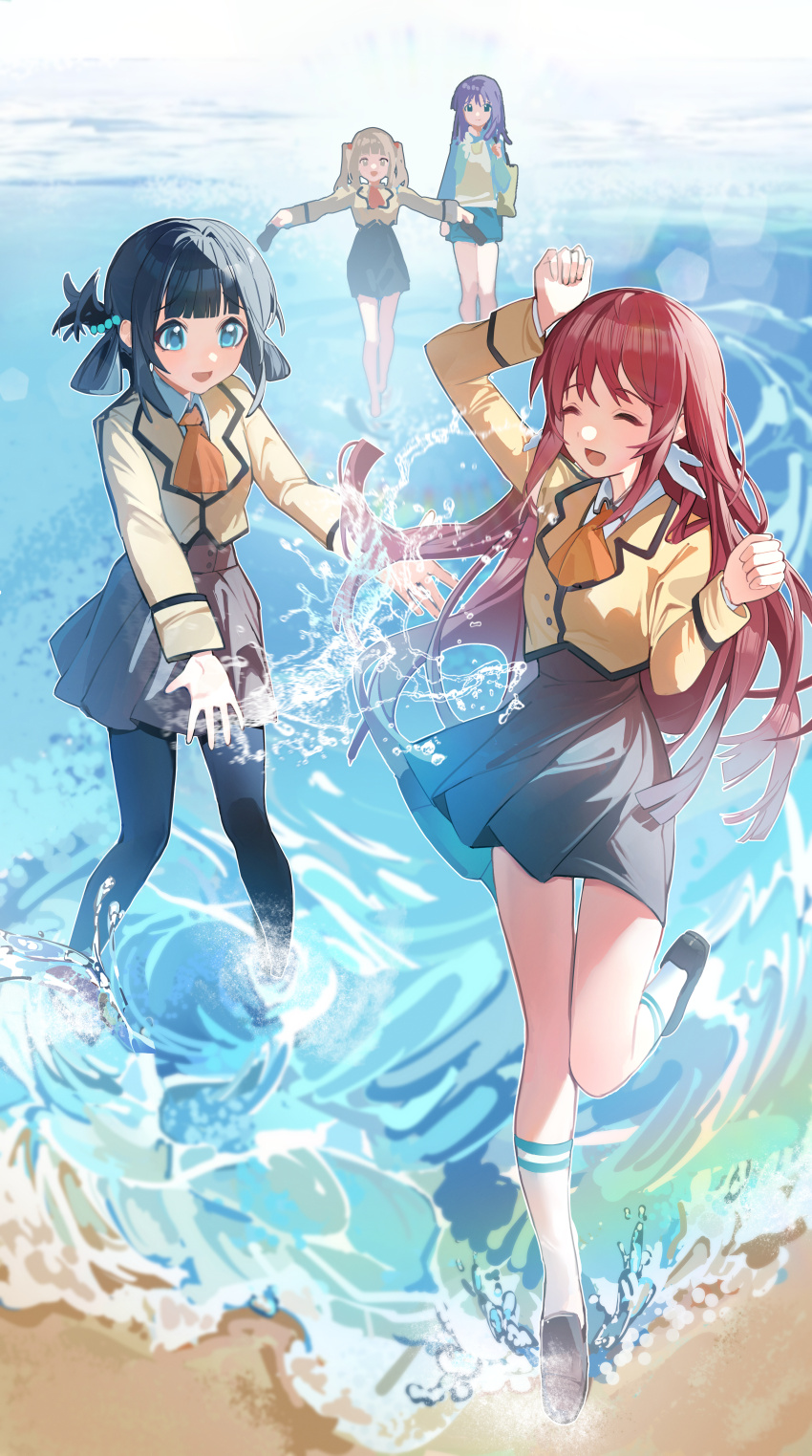 4girls absurdres ascot beach black_hair black_pantyhose blazer blue_eyes brown_eyes brown_jacket closed_eyes grey_skirt hair_rings highres hiradaira_chisaki hisanuma_sayu horizon jacket long_hair mihama_junior_high_school_uniform mukaido_manaka multiple_girls nagi_no_asukara ocean orange_ascot pantyhose school_uniform shiodome_miuna skirt socks splashing wading white_socks yuhezi