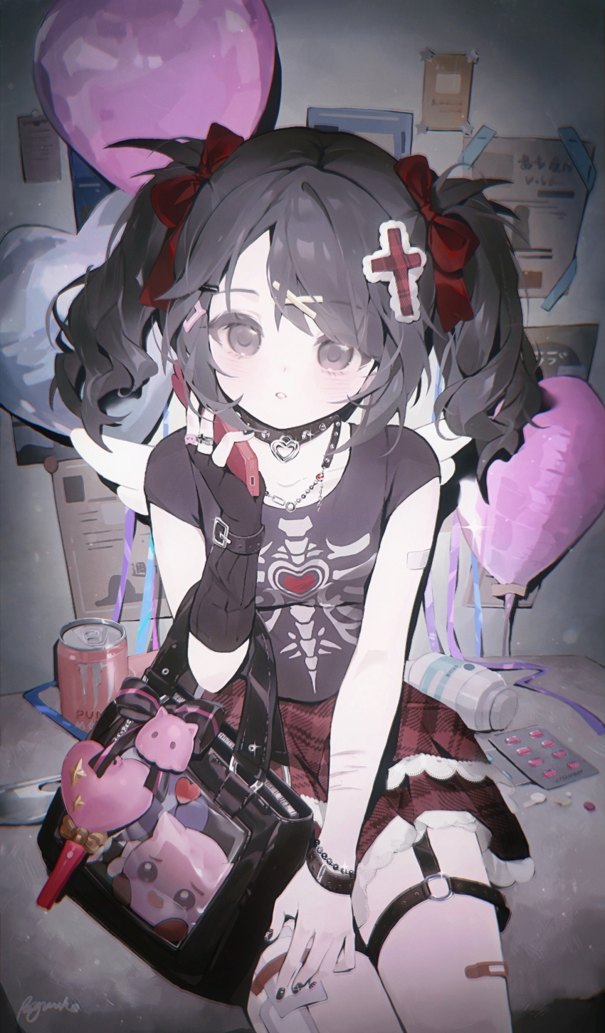 1girl absurdres ame-chan_(emo)_(needy_girl_overdose) ame-chan_(needy_girl_overdose) balloon black_bag black_collar black_hair black_shirt blister_pack bracelet can cellphone chinese_commentary collar commentary_request cowboy_shot cross_hair_ornament drink_can eggplant_(dadamiao) energy_drink hair_ornament hair_ribbon hand_on_own_leg hand_up heart_balloon highres holding holding_phone indoors jewelry long_hair looking_at_viewer monster_energy nail_polish needy_girl_overdose o-ring o-ring_thigh_strap official_alternate_costume phone pien_cat_(needy_girl_overdose) pill_bottle plaid_clothes plaid_skirt print_shirt red_ribbon red_skirt ribbon ring shirt short_sleeves sitting skeleton_print skirt smartphone soda_can solo t-shirt thigh_strap twintails x_hair_ornament