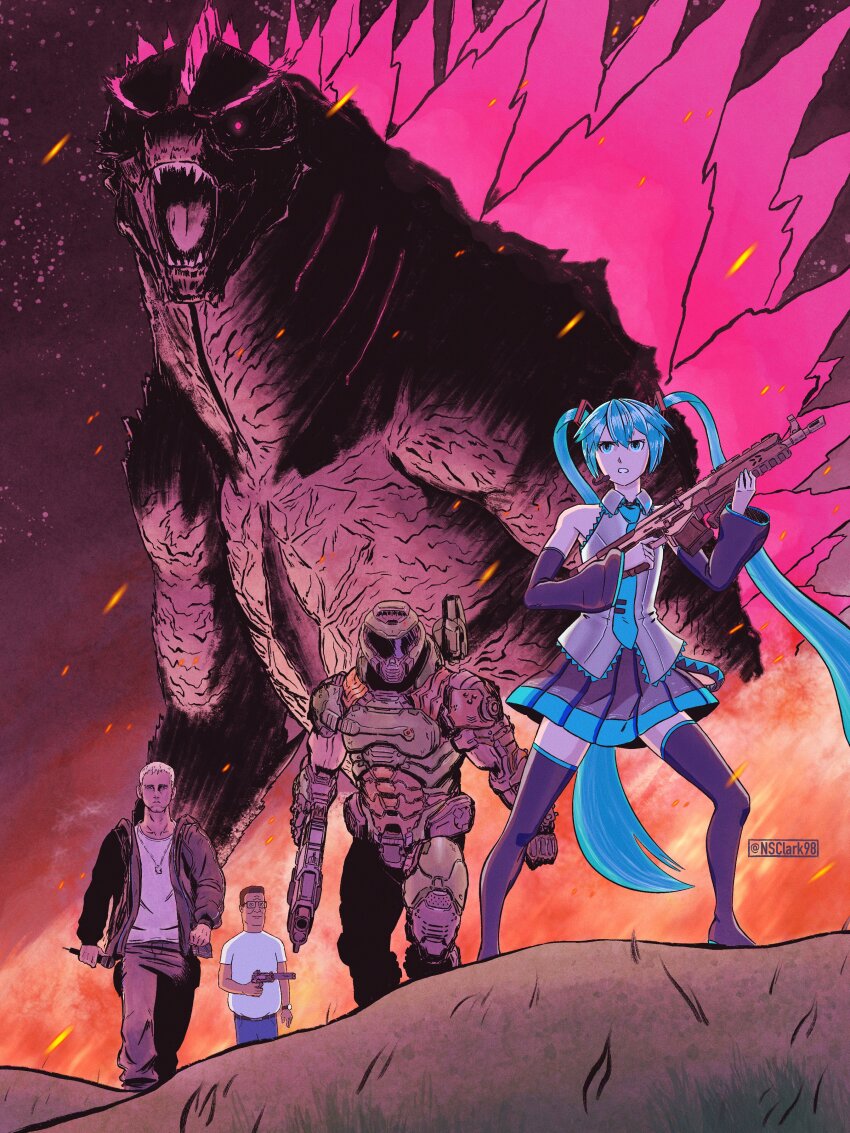 1girl absurdres aqua_eyes aqua_hair armor assault_visor bare_shoulders character_request claws copyright_request crossover detached_sleeves doom_(series) doomguy elbow_spikes fangs giant giant_monster gills gloves glowing glowing_eyes godzilla godzilla_(monsterverse) godzilla_(series) godzilla_evolved godzilla_x_kong:_the_new_empire gun hair_between_eyes hair_ornament hank_hill hatsune_miku helmet highres holding holding_gun holding_weapon jaw kaiju king_kong_(series) king_of_the_hill legendary_pictures long_hair long_tail monster monsterverse multiple_boys multiple_crossover muscular necktie nsclark98 open_mouth power_armor praetor_suit scales sharp_teeth shirt skirt sleeveless spines tail teeth thighhighs toho twintails very_long_hair vocaloid weapon