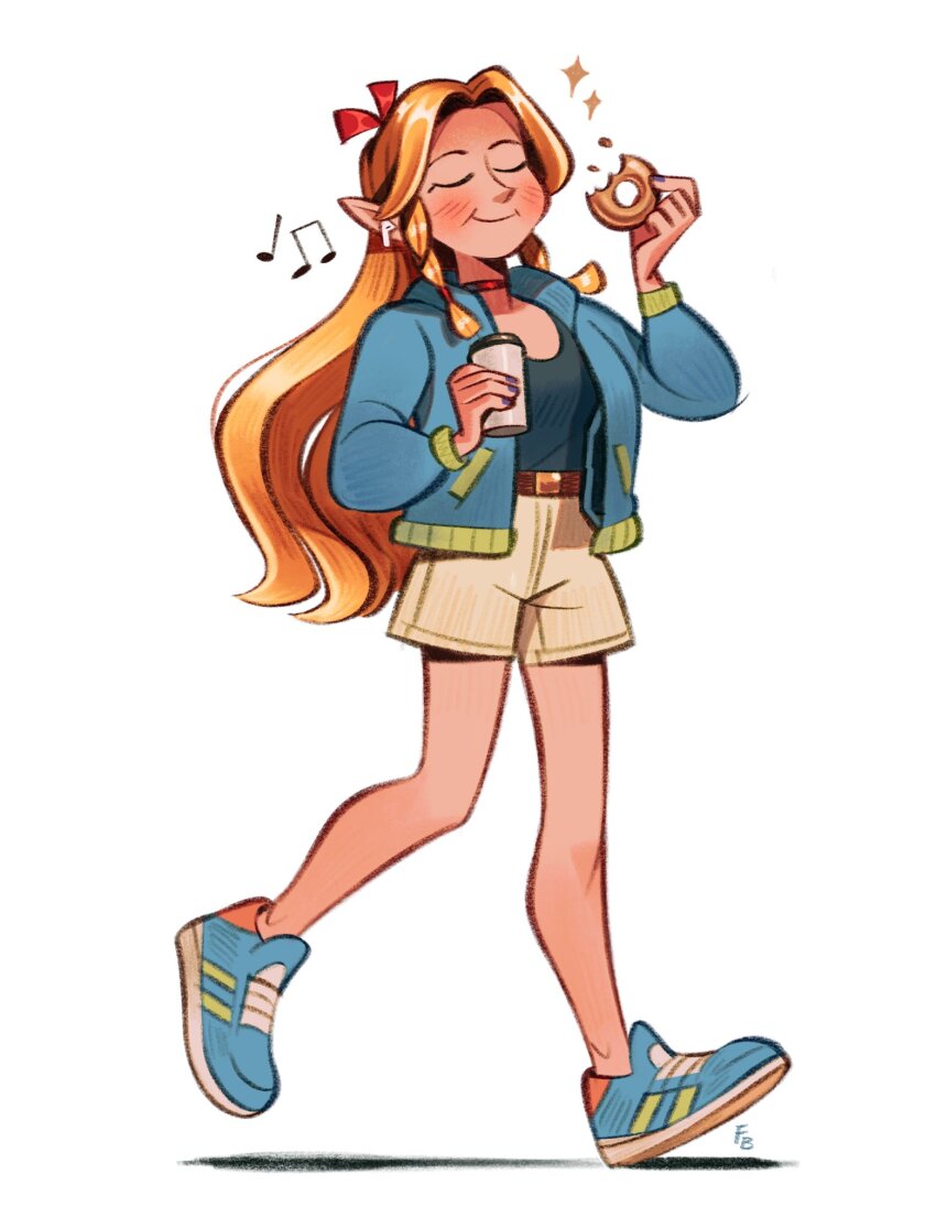 1girl belt blush brown_belt chewing closed_eyes contemporary cup disposable_coffee_cup disposable_cup donut dungeon_meshi earbuds earphones eating food food_bite friedbaens highres jacket long_hair long_sleeves marcille_donato musical_note open_clothes open_jacket shoes shorts smile sneakers solo very_long_hair walking white_shorts