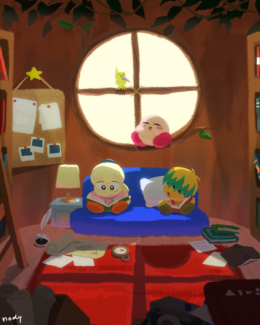 :o artist_name bird blonde_hair blush blush_stickers book bookshelf box brother_and_sister bulletin_board bun_(kirby) camera cardboard_box closed_eyes closed_mouth commentary_request compass couch desk_lamp fumu_(kirby) green_eyes green_hair hair_over_eyes highres holding holding_book indoors inkwell kirby kirby:_right_back_at_ya! kirby_(series) ladder lamp leaf long_hair map multicolored_hair nintendo nody_(nody_lowmoo) on_couch open_book open_mouth paper photo_(object) pillow plant quill reading round_window rug scroll shadow short_hair siblings sitting sleeping smile star_(symbol) table tokkori_(kirby) vines window