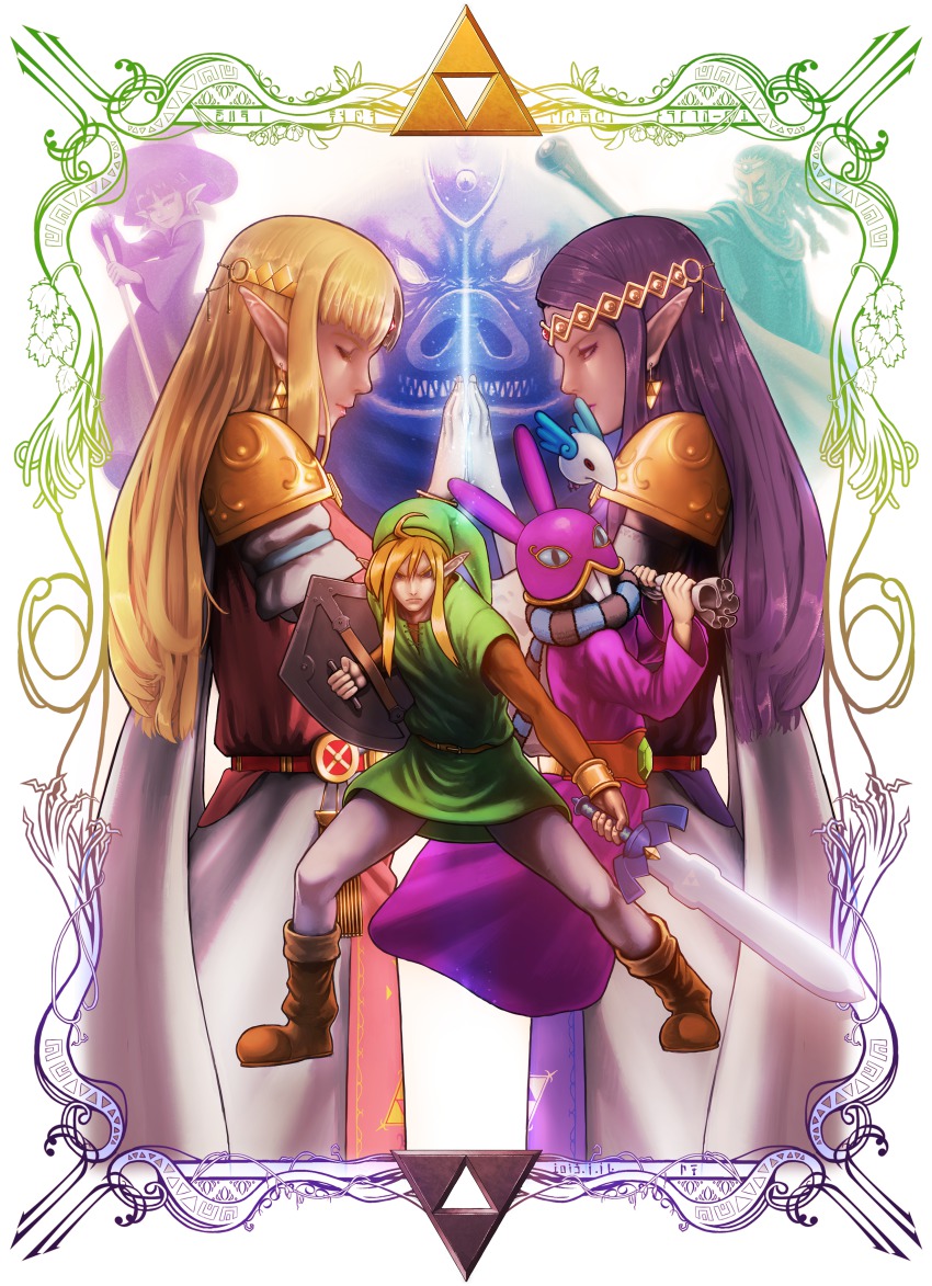 3girls 4boys absurdres animal_hat back-to-back blonde_hair boots border cape closed_eyes elbow_gloves ganon gloves hat highres holding holding_sword holding_weapon irene_(zelda) link long_hair master_sword mirrored multiple_boys multiple_girls nintendo over_shoulder palms_together pointy_ears praying princess_hilda princess_zelda purple_hair ravio sack scarf sheerow shield shoulder_pads spoilers staff sword the_legend_of_zelda the_legend_of_zelda:_a_link_between_worlds tiara triforce tunic weapon witch_hat yachi_(fujiyasu0616) yuga_(zelda)