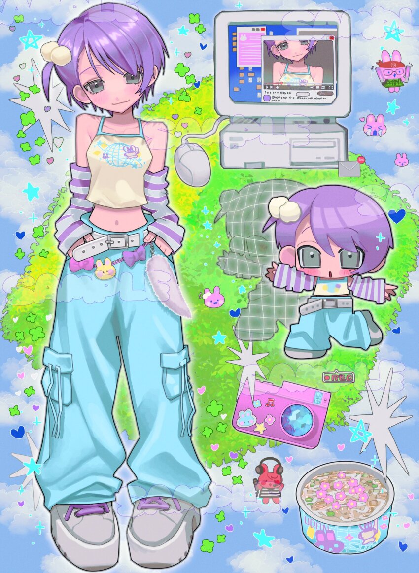 1girl :3 belt belt_charm blue_pants blush camera charm_(object) chibi chibi_inset chopped_spring_onion commentary commission computer computer_mouse desktop_(computing) fake_tail food full_body grey_eyes hair_bobbles hair_ornament heisei_retro highres looking_at_viewer midriff navel noodles one_side_up original pants poin_(goruchopame) print_tank_top purple_hair ribbon sample_watermark shoes short_hair skeb_commission sneakers standing striped_arm_warmers tail tank_top udon watermark white_footwear y2k_fashion yellow_tank_top youtube