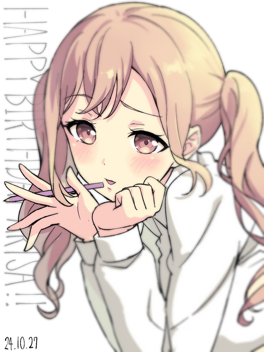 1girl absurdres bang_dream! blonde_hair blush dated happy_birthday highres ichigaya_arisa long_hair looking_at_viewer nobusawa_osamu open_mouth shirt simple_background smile solo twintails white_background