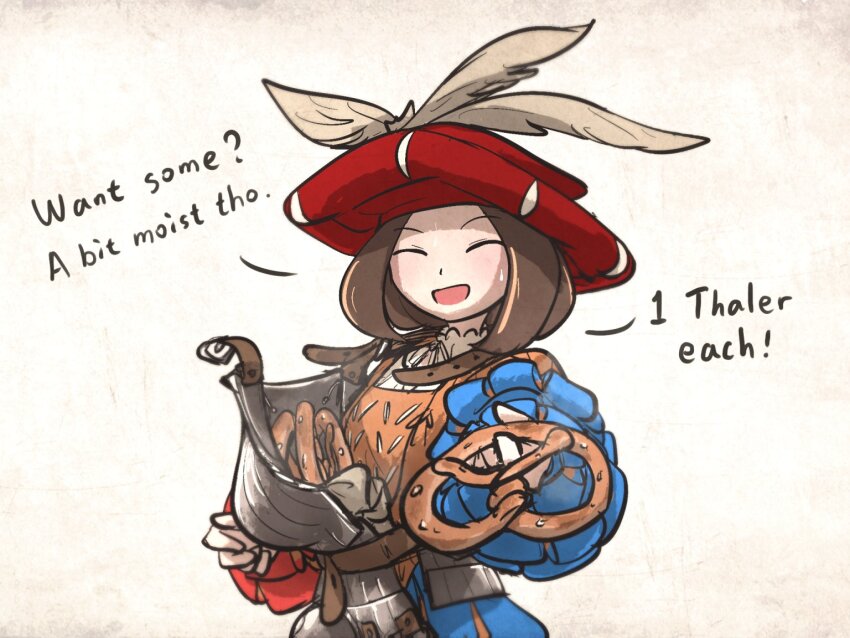 1girl armor blue_eyes boobplate breastplate brown_hair chaperon_hat closed_mouth codpiece english_text faulds hat hat_feather ironlily katzbalger landsknecht landsknecht_(ironlily) long_sleeves medium_hair original puff_and_slash_sleeves puffy_long_sleeves puffy_sleeves scabbard sheath sheathed smile solo tassets weapon