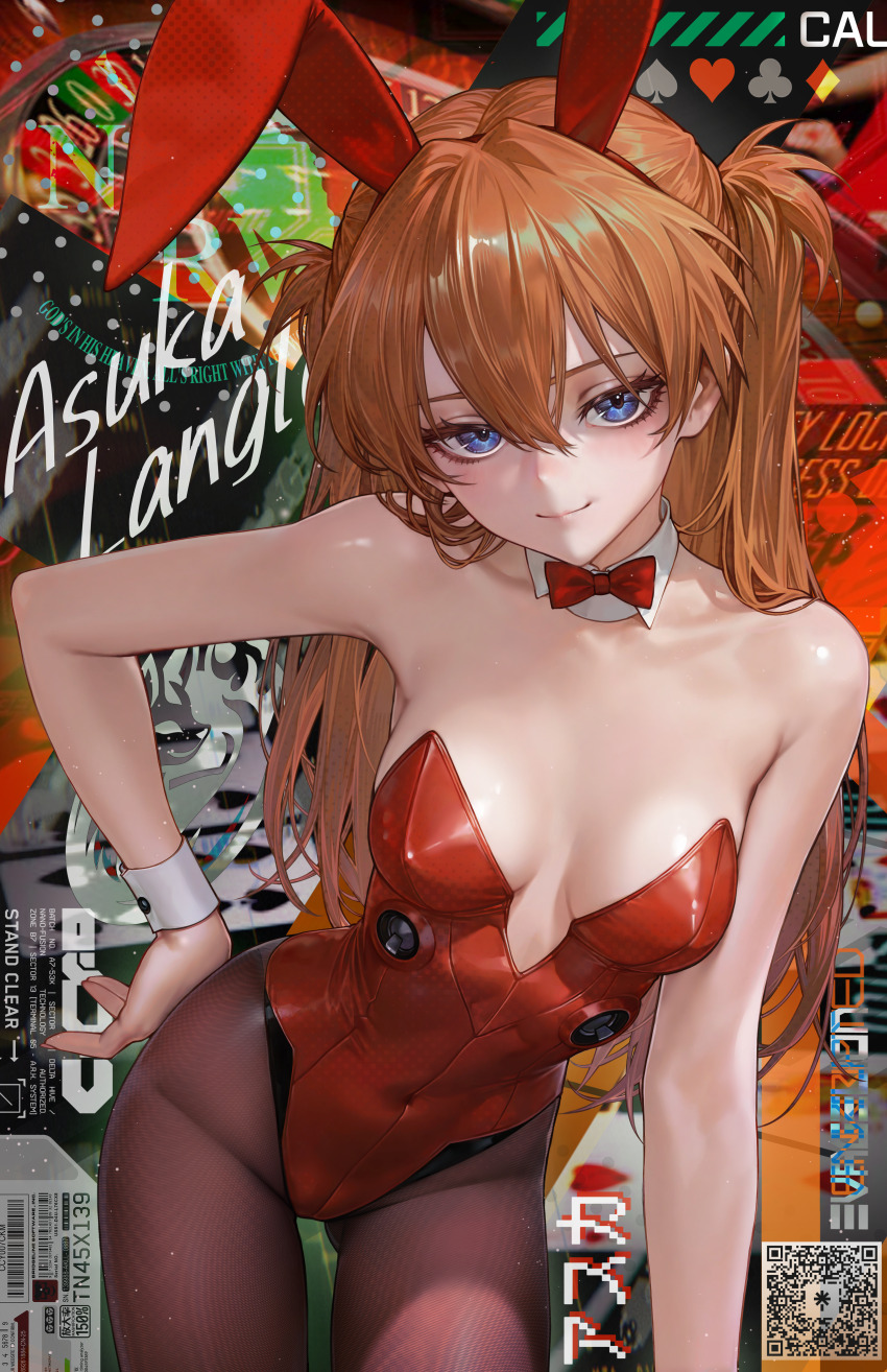 1girl absurdres alternate_costume animal_ear_hairband animal_ears bare_arms bare_shoulders black_pantyhose blue_eyes blush bow bowtie breasts cleavage closed_mouth covered_navel detached_collar fake_animal_ears hair_between_eyes hairband hand_on_own_hip highres leotard long_hair looking_at_viewer medium_breasts nekodayo22 neon_genesis_evangelion orange_hair pantyhose playboy_bunny rabbit_ear_hairband rabbit_ears red_bow red_bowtie red_hairband red_leotard seductive_gaze seductive_smile sidelocks smile solo souryuu_asuka_langley strapless strapless_leotard twintails wrist_cuffs