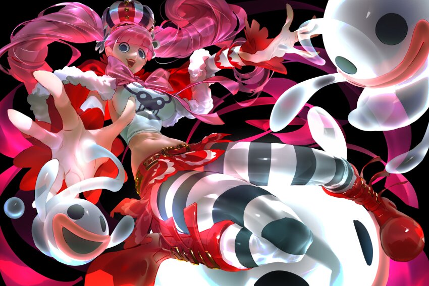 1girl absurdres bluegeyko capelet crop_top highres one_piece perona pink_hair shirt smile striped_clothes striped_thighhighs thighhighs twintails