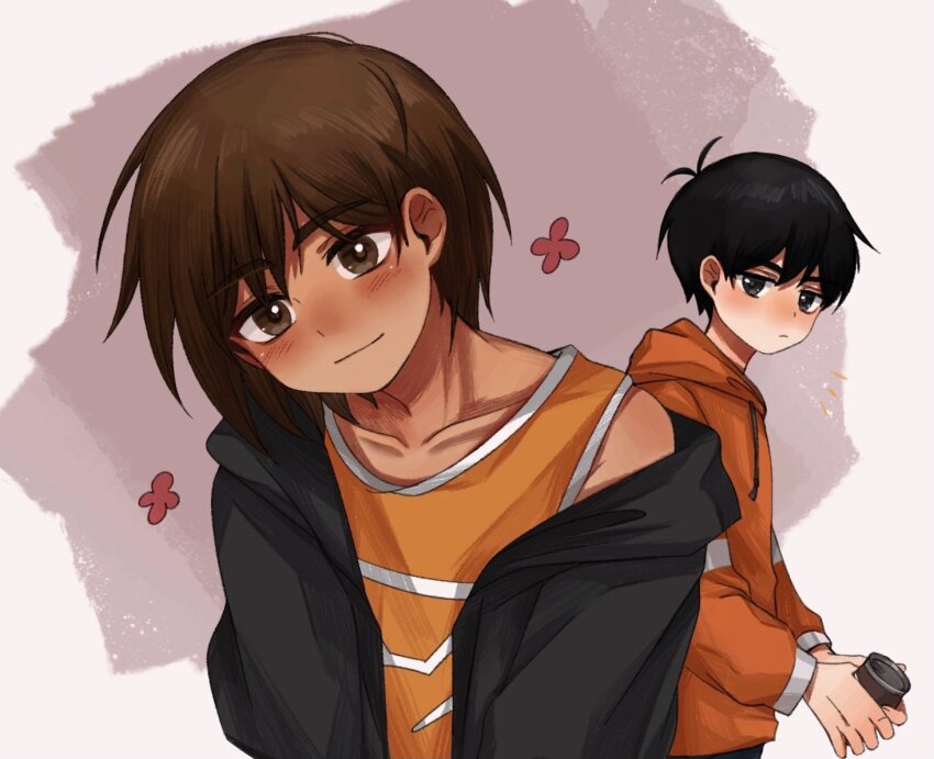 2boys antenna_hair black_eyes black_hair black_jacket blush brown_background brown_eyes brown_hair can closed_mouth collarbone dark-skinned_male dark_skin drawstring flower hair_between_eyes head_tilt holding holding_can hood hood_down hooded_jacket hoodie jacket kel_(faraway)_(omori) kel_(omori) linglanjunying long_sleeves looking_at_another looking_at_viewer male_focus multiple_boys omori open_clothes open_jacket orange_hoodie orange_tank_top red_flower short_hair simple_background single_bare_shoulder smile sunny_(omori) tank_top upper_body