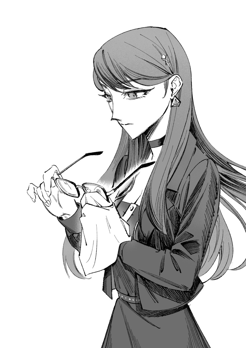 1girl absurdres black_collar cleaning collar dress earrings glasses highres jacket jewelry kkoricat long_hair looking_at_object monochrome shizuhara_hiruko solo the_hundred_line_-last_defense_academy- white_background