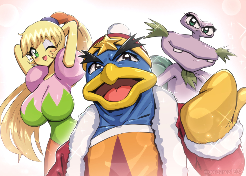 1girl 2boys arms_behind_head blonde_hair blue_eyes blush breasts escargon fumu fumu_(kirby) gonzarez green_eyes highres king_dedede kirby:_right_back_at_ya kirby_(series) large_breasts looking_at_viewer makeup multiple_boys nintendo one_eye_closed open_mouth ponytail smile wink