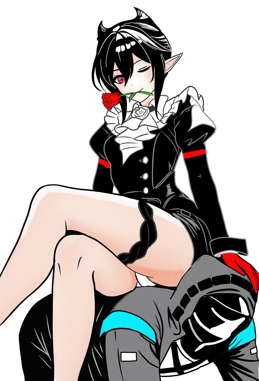 1girl 1other ;) absurdres all_fours arknights black_hair black_jacket closed_mouth crossed_legs doctor_(arknights) entelechia_(arknights) flower flower_in_mouth frills gloves hair_between_eyes hair_horns highres hood hood_up hooded_jacket human_chair human_furniture jacket juliet_sleeves long_sleeves looking_at_viewer lucia_(luciatehe) mouth_hold one_eye_closed panties pink_eyes pointy_ears puffy_sleeves red_flower red_gloves red_rose rose short_hair simple_background sitting sitting_on_person smile thigh_strap underwear white_background white_panties