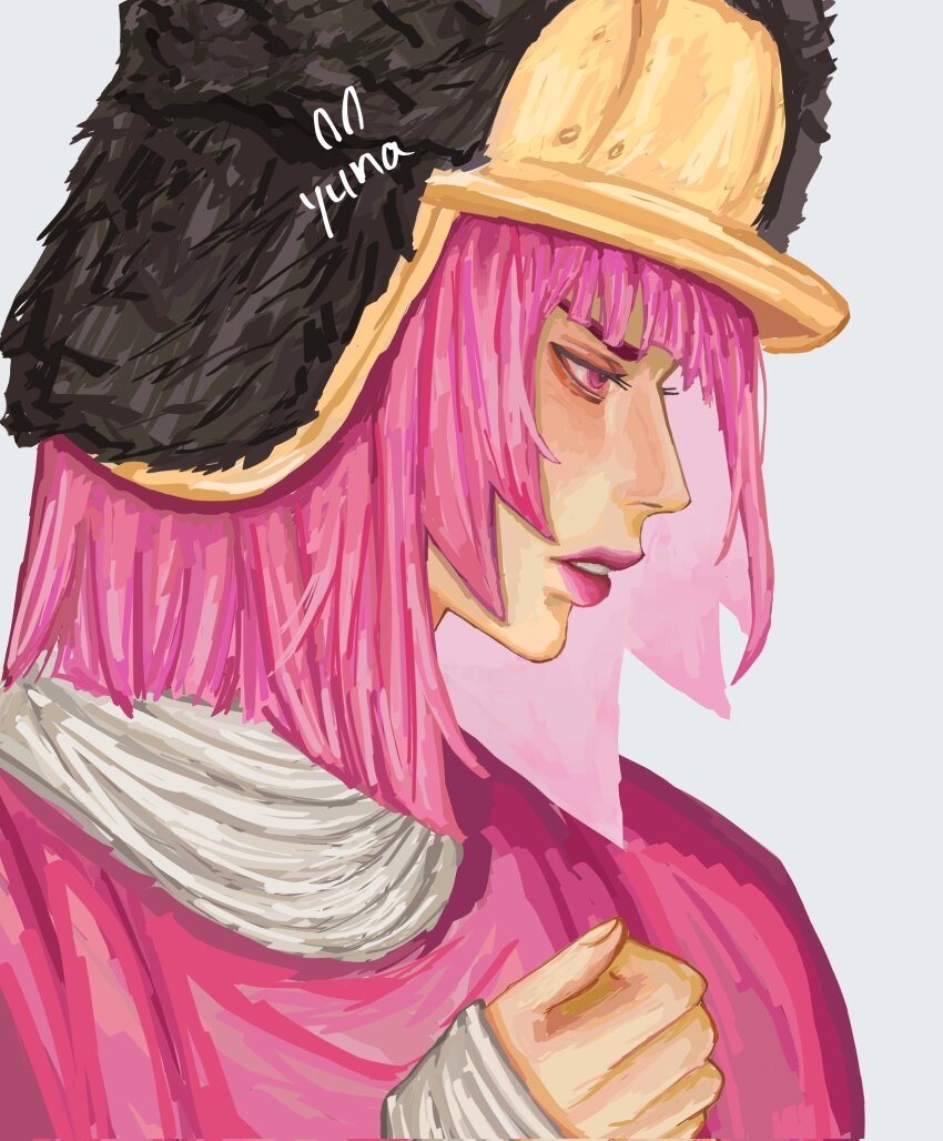 1girl black_fur blunt_bangs commentary dress from_side fur_hat grey_background grey_shirt hat highres hot_pants_(sbr) jojo_no_kimyou_na_bouken kayatyun long_sleeves makeup medium_hair parted_lips pink_dress pink_eyes pink_hair pink_lips portrait profile shirt solo steel_ball_run symbol-only_commentary teeth